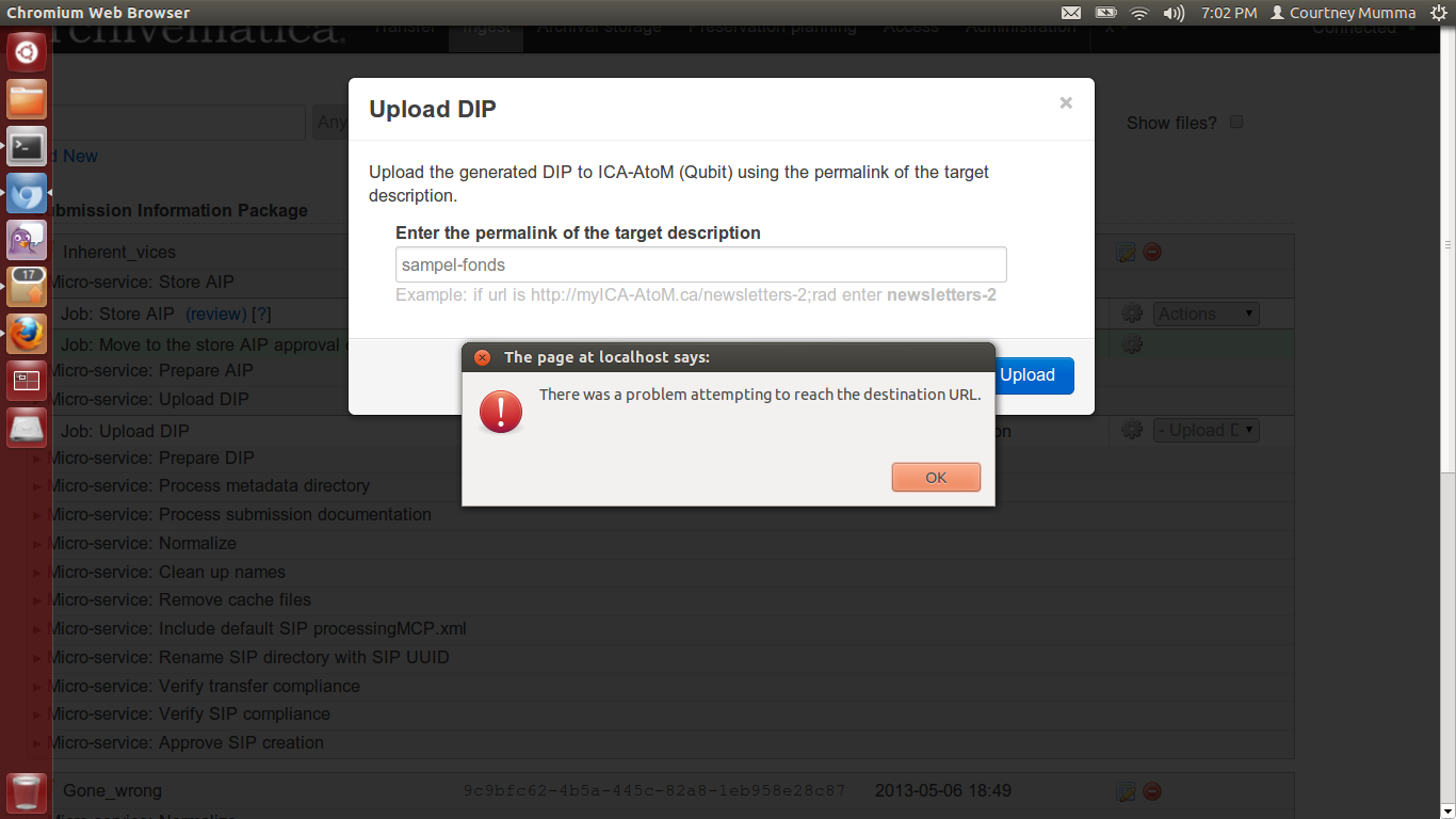Warning that permalink was incorrect, allows user to retry upload DIP