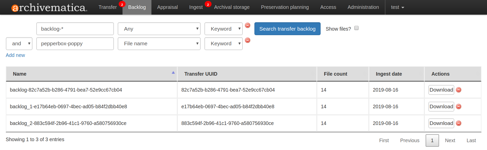 Archivematica backlog tab showing a search for transfers.