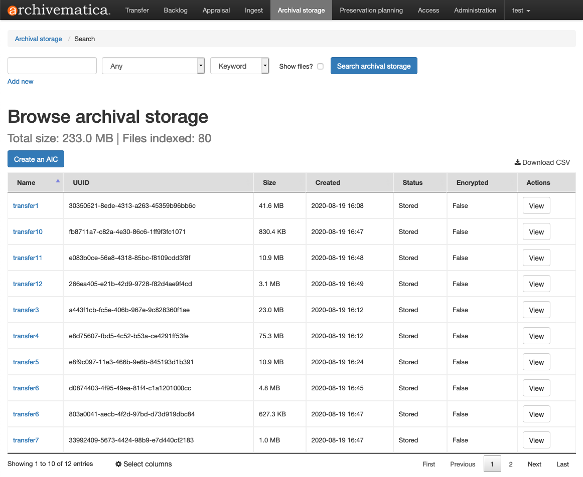 The Archival Storage tab showing stored AIPs