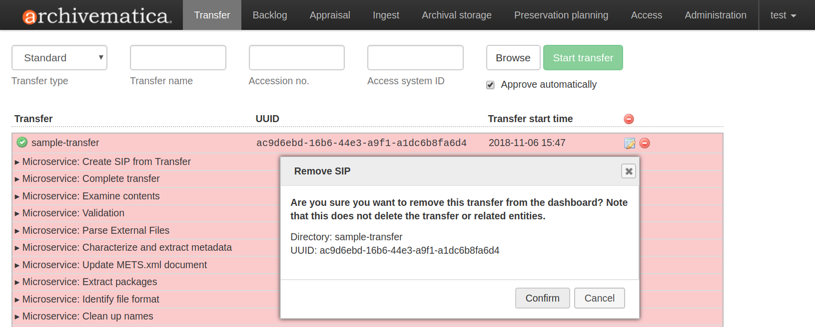 Remove a single transfer from the dashboard