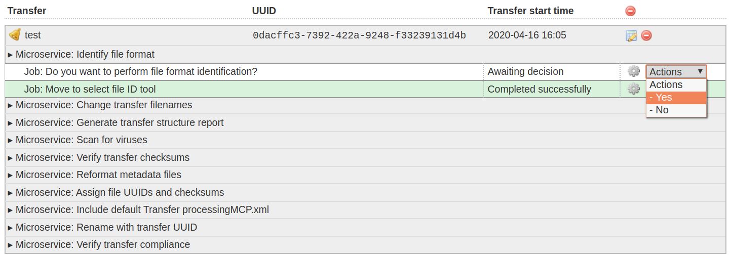 A decision dropdown menu is shown at "Job: Do you want to perform file format identification?". The options are "Yes" or "No".