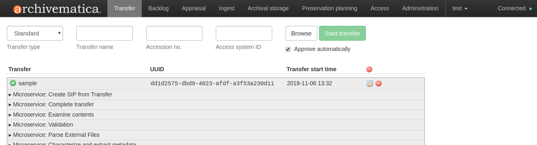 The Transfer tab is where transfers into Archivematica begin.