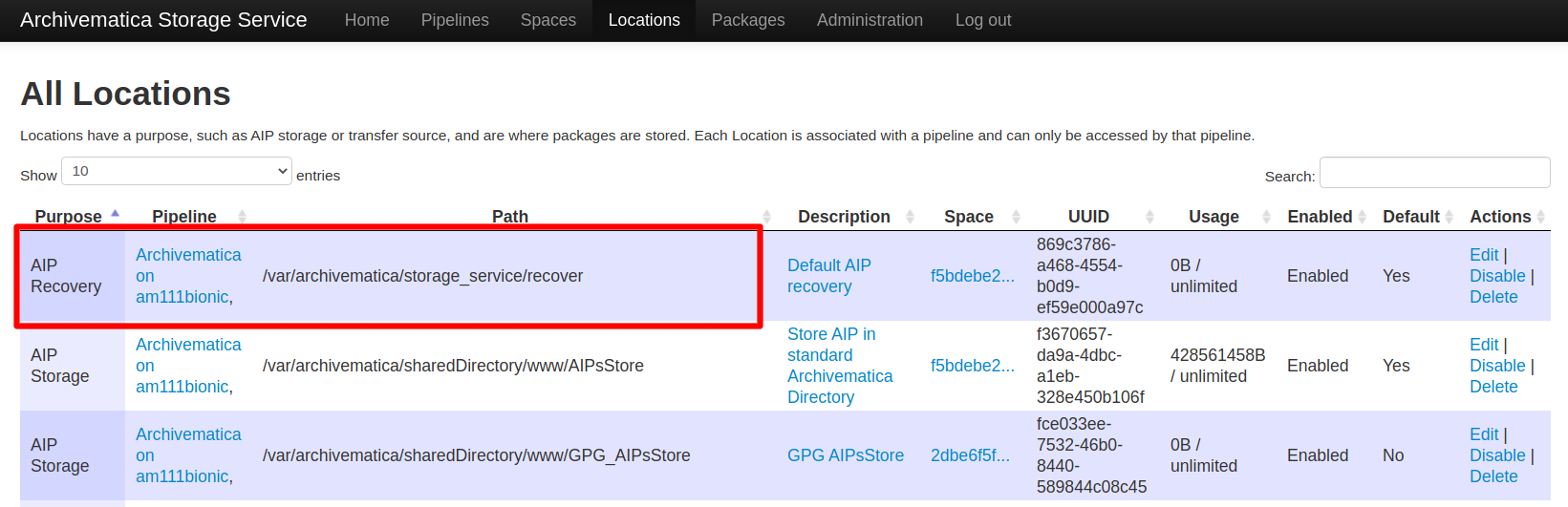 The Locations tab has a table with all Storage Service locations listed. The AIP recovery location has the purpose "AIP Recovery" in the first column.