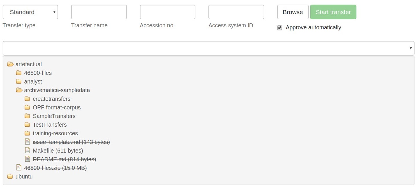 A list of directory names with no object counts beside them - for example, ``archivematica-sampledata``.